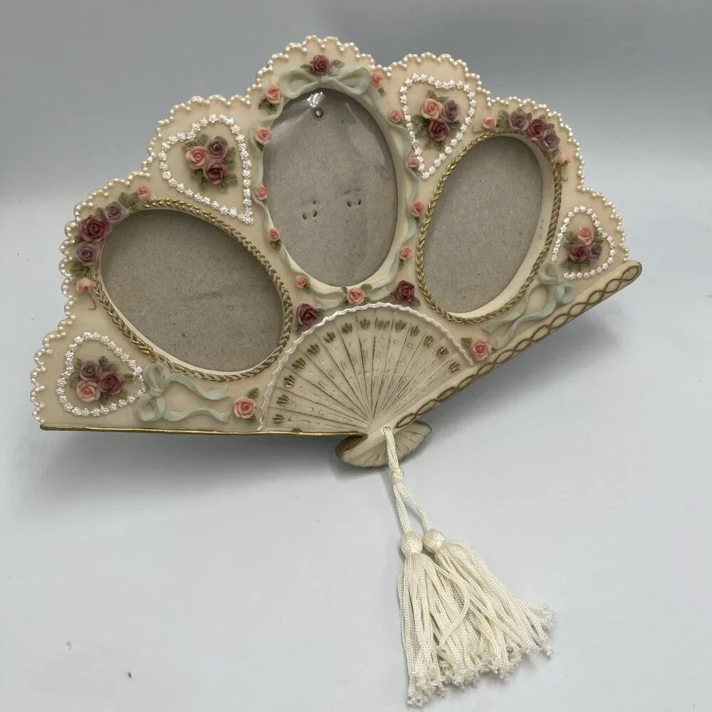 Dezine Victorian Style 3 Photo Picture Frame Hand Fan Shaped Boudoir Vanity 90s